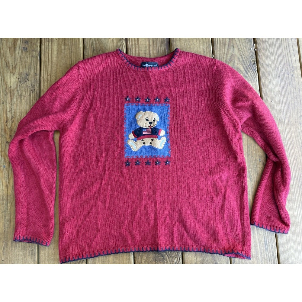Vintage Womens Sag Harbor Patriotic Americana Teddy Bear Sweater Red Large